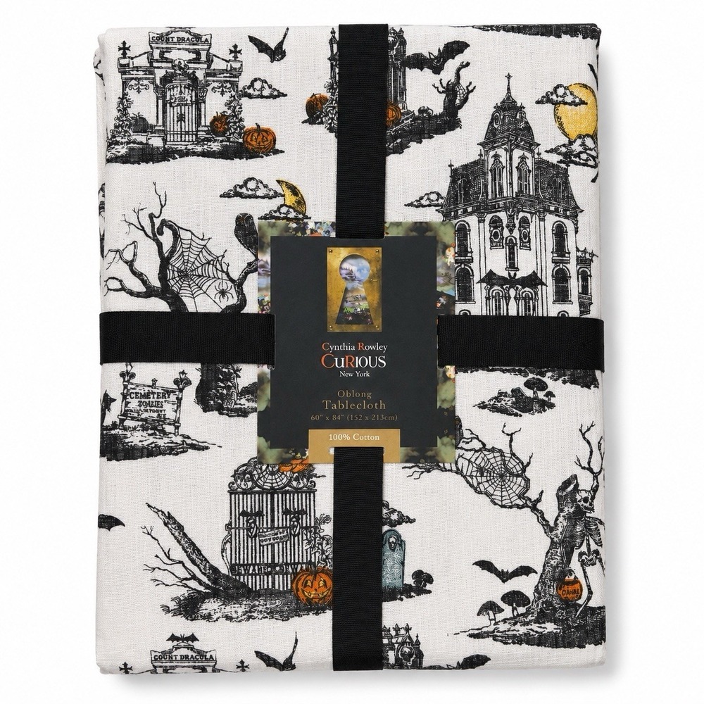 Cynthia Rowley Spooky Graveyard Toile Tablecloth Oblong 100% Cotton Halloween